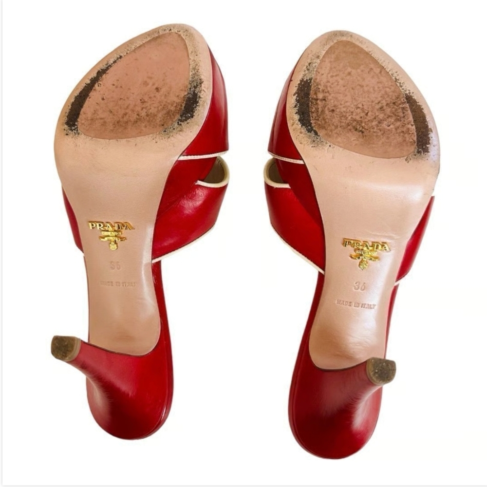 Prada Vitello Raspberry Beige Leather Platform Peep Toe High Heel Sandals Sz 36 - Picture 9 of 9